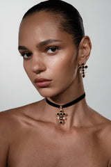 Scarlet Black Onyx Cross Ribbon Choker - Opuline
