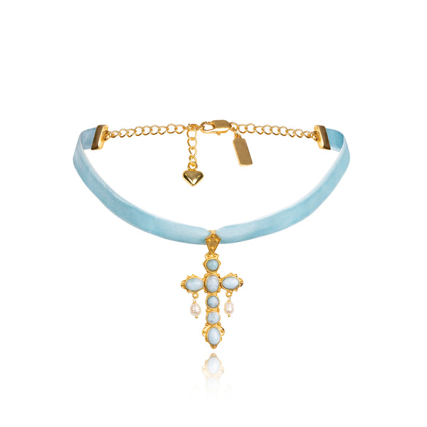 Scarlet  Larimar Cross Ribbon Choker