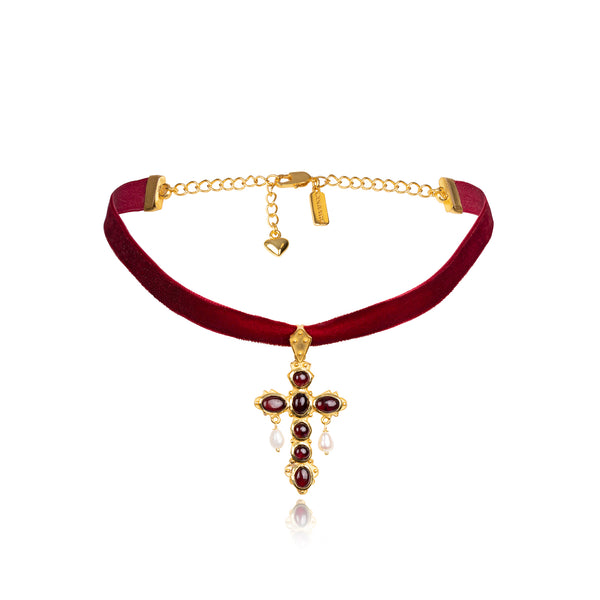 Scarlet Red Garnet Cross Ribbon Choker